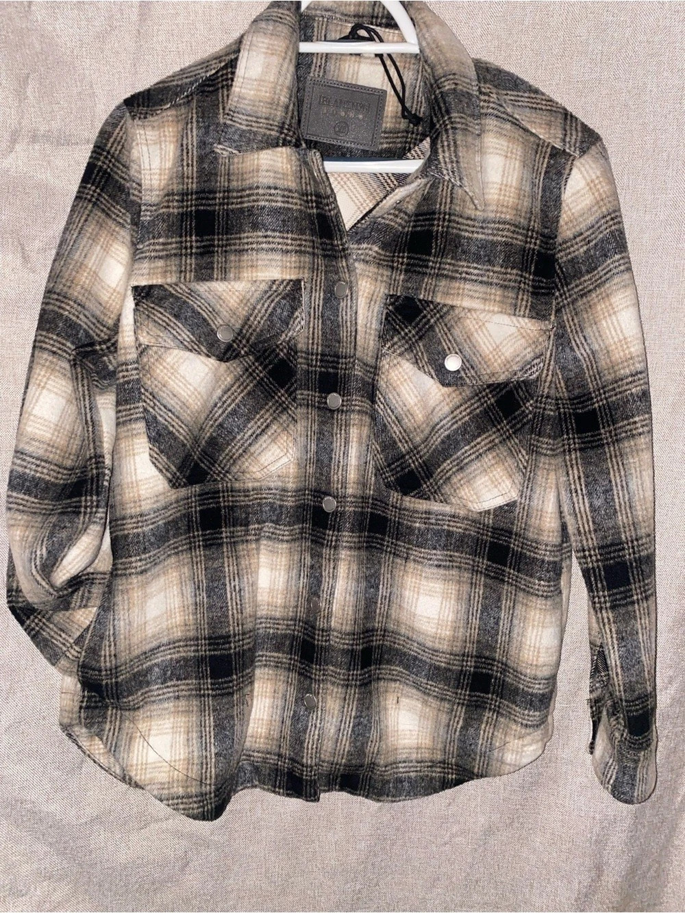 PLANET GOLD Women's Plaid Shirt Jacket in Black & Cream